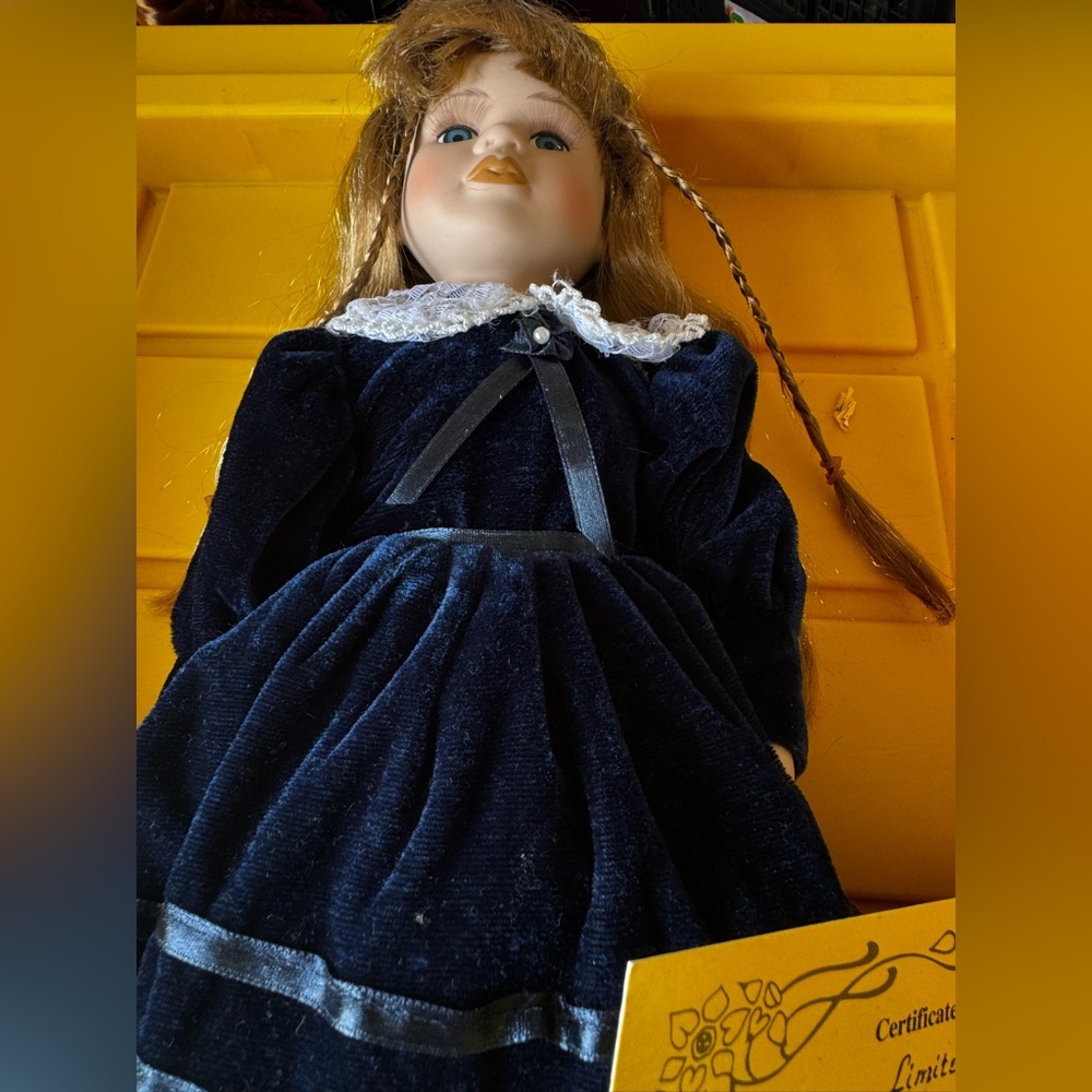 Claudia Porcelain Doll Blue Velvet Dress Blonde Hair Knightsbridge Collection